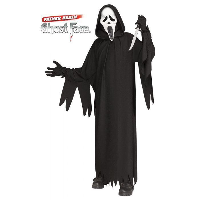 Fun World Ghost Face®30th Anniversary Costume - Child, spooky ghost face mask with a long black hooded robe, perfect for Halloween or themed parties.
