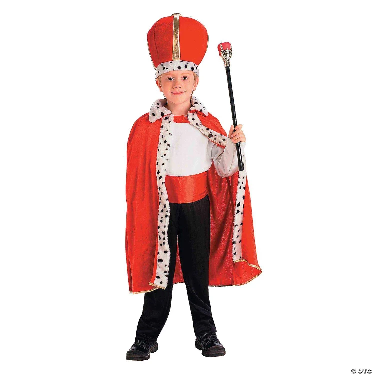Forum King Robe & Crown Child Set Red, a young boy dressed in a royal king costume with a red robe, crown, and scepter, suitable for costume parties or dress-up events.