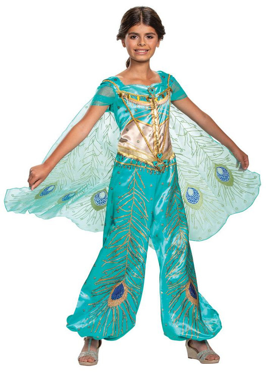 Disguise Jasmine Aladdin Deluxe Child Costume Medium, detailed turquoise and gold princess costume with peacock feather designs, a cape, and matching pants for kids dressing up as Jasmine.