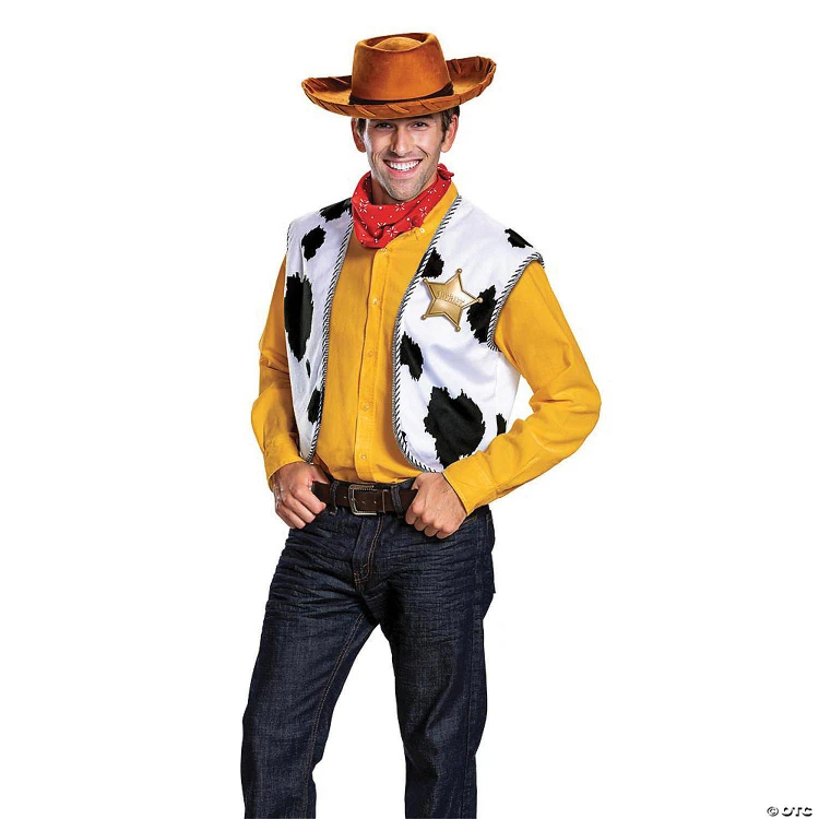 Disguise Woody Toy Story Deluxe Kit - Adult, adult man wearing cowboy costume including hat, vest, and sheriff badge from Toy Story character Woody.