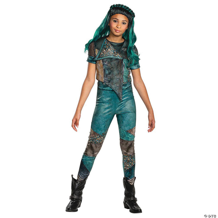 Disguise Uma Descendants Classic Costume - Child, a girl dressed in a vibrant, detailed costume inspired by the character Uma from Descendants, featuring a multicolored jacket, matching pants with intricate patterns, and styled hair for a complete look.