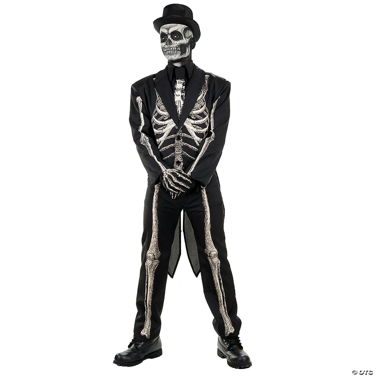 Underwraps Bone Chillin Costume - Adult, a person dressed in a skeleton costume with a skull face paint, black hat, and black shoes, suitable for Halloween or themed parties.