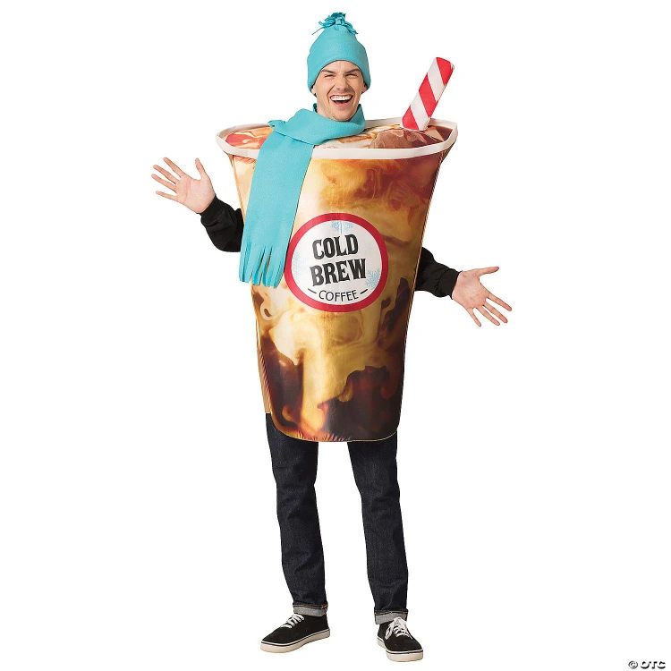 Rasta Imposta Cold Brew Coffee Costume - Adult, man wearing a coffee cup costume with a "Cold Brew" label, blue beanie and scarf, celebrating and smiling.