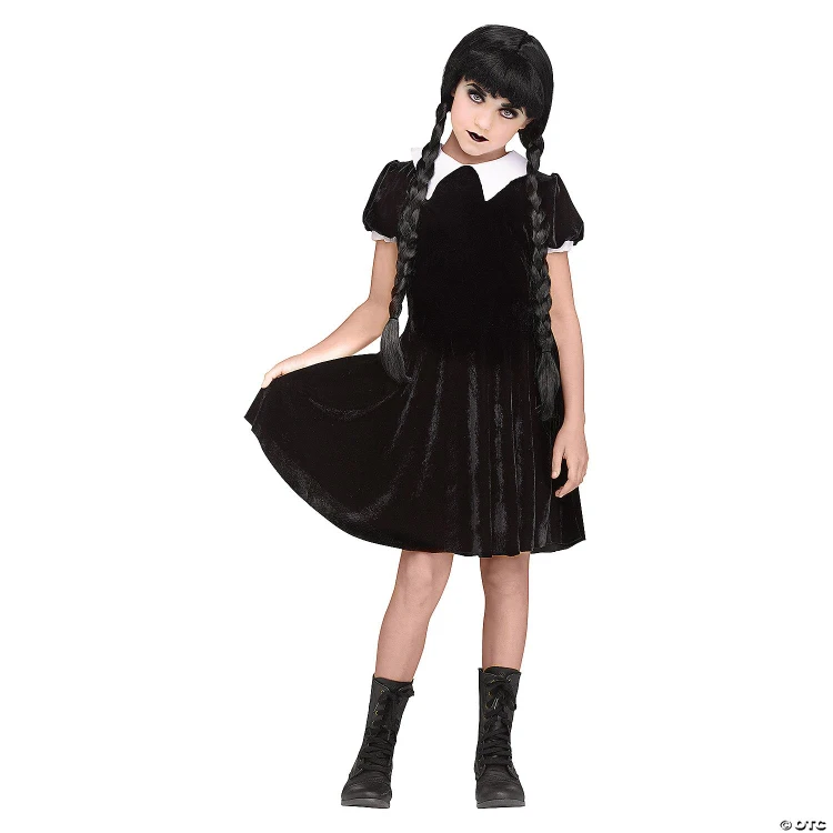 Fun World Gothic Girl Costume - Child, girl dressed in a black Gothic dress with a white collar, long braids, black boots, and Gothic makeup, suitable for Halloween or costume parties.