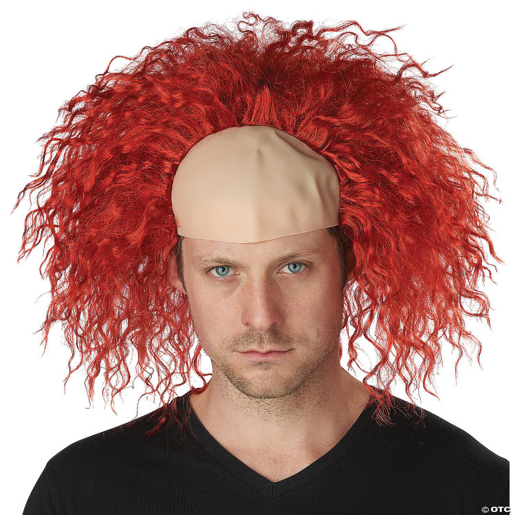 California Costumes Red Clown Baldness Adult Wig, a bald cap with vibrant red curly clown wig worn by a man with blue eyes and light skin.