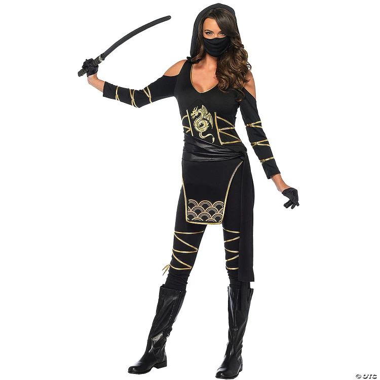 Leg Avenue Stealth Ninja Costume - Adult, a woman wearing a black ninja costume with gold accents, a mask, boots, and holding a sword.