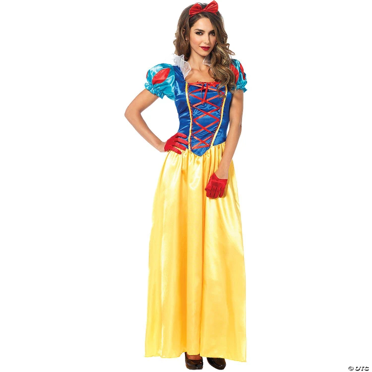 Leg Avenue Snow White Costume- Adult, woman dressed in classic Snow White princess outfit with blue bodice, yellow skirt, red bow headband, and red gloves for cosplay or costume events.
