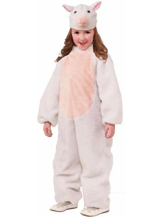 Forum Sheep Costume Child, child girl wearing a soft, plush sheep costume with a cute sheep face hood, perfect for dress-up and costume parties.
