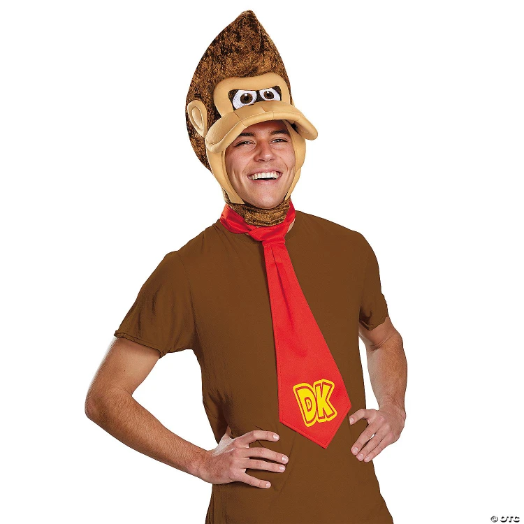 Disguise Donkey Kong Super Mario Costume Kit - Adult, a person wearing a Donkey Kong-themed costume headpiece with a red DK logo tie, brown shirt, red necktie, and smiling at the camera.