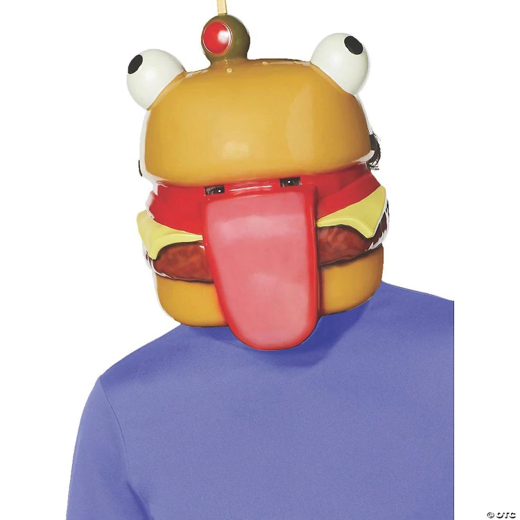 Fun World Fortnite Beef Boss Mask, character mask resembling a burger with eyes and a tongue, worn on a person's head
