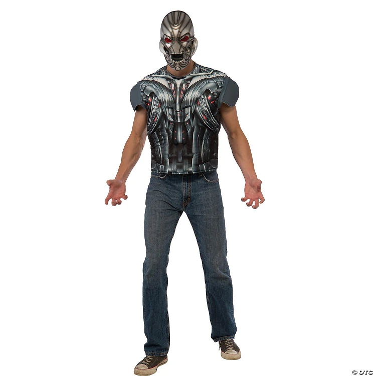 Rubies Ultron Costume - Adult, person wearing a detailed metallic robotic superhero costume and mask, with jeans and sneakers, on a plain background.