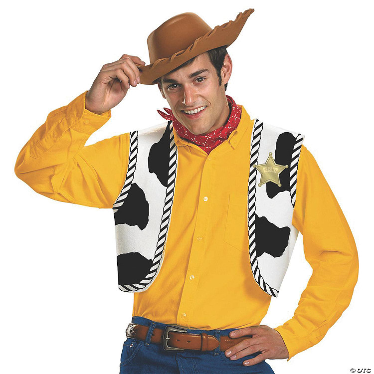 Disguise Woody Toy Story Kit Adult, a man dressed as Woody from Toy Story wearing a cowboy hat, yellow shirt, cow-print vest, and sheriff badge for costume and cosplay.
