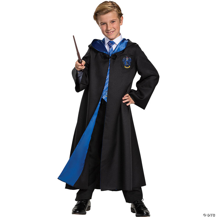 Disguise Harry Potter Ravenclaw Robe Deluxe - Child, a young child dressed in a Harry Potter Ravenclaw house robe with a blue and black color scheme, holding a wand, and smiling.