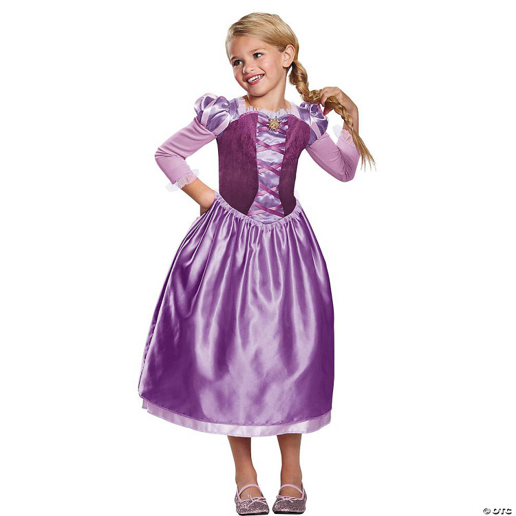 Disguise Rapunzel Day Dress - Tangled - Child, a young girl wearing a purple and pink Rapunzel costume dress from Disney's Tangled with long sleeves, a floral detail, and a satin skirt.