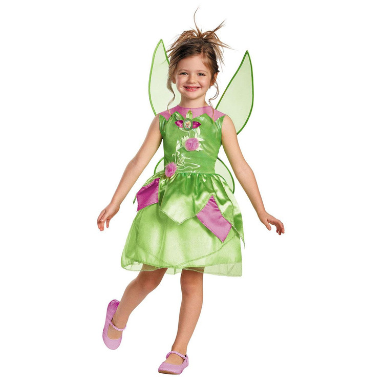 Disguise Tinker Bell Girl's Classic Costume, a green fairy dress with pink accents, fairy wings, and pink shoes worn by a smiling young girl.