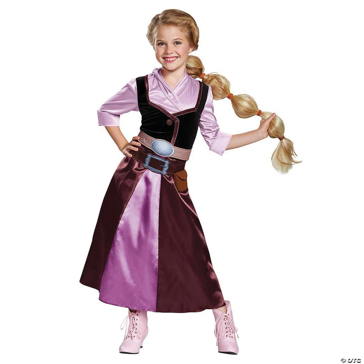 Disguise Rapunzel Classic Disney Child Costume - Tangled, girl dressed as Rapunzel with long blond hair in a costume with pink, purple, and black colors, pink boots, and a smiling pose.