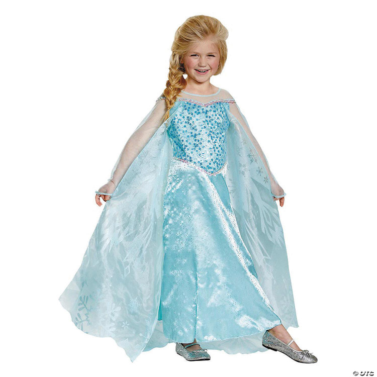 Disguise Elsa Prestige Child Costume - Frozen, young girl wearing a blue and silver princess dress inspired by Elsa from Frozen with a sparkling bodice and flowing cape.