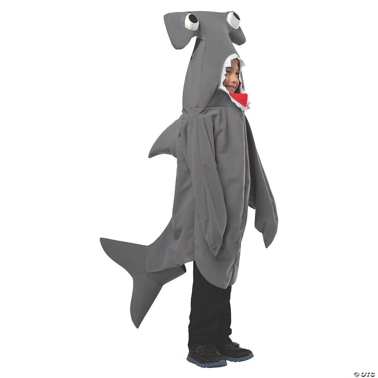 Rasta Imposta Hammerhead Shark Child Costume, child dressed in a grey shark costume with fins and a shark head hood featuring eyes and a dorsal fin, designed for kids' costume parties or Halloween.
