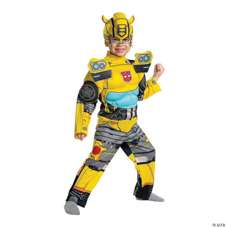 Disguise Transformers Bumblebee Muscle Toddler Costume, a child's yellow and black robot-themed superhero costume with detailed armor and mask, designed for kids.