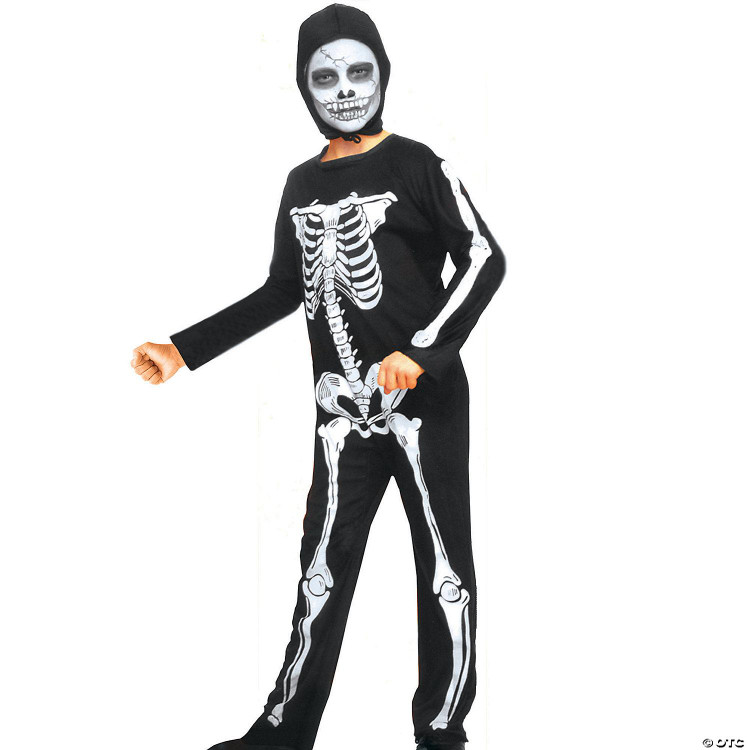 Rubies Skeleton Child Costume, child wearing a black skeleton-themed costume with printed bones and skull face makeup, perfect for Halloween or costume parties.