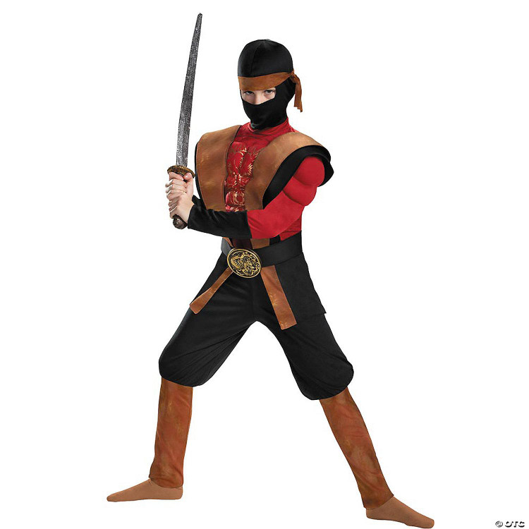 Disguise Ninja Warrior Muscle Costume -Child, child dressed in ninja warrior costume with muscle padding, black and red outfit, brown belt and accessories, holding a sword and wearing a mask.