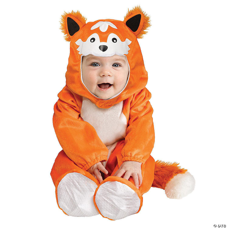 Fun World Baby Fox Costume, adorable baby dressed in an orange fox costume with a hood featuring a cute fox face, ears, and a fluffy tail.