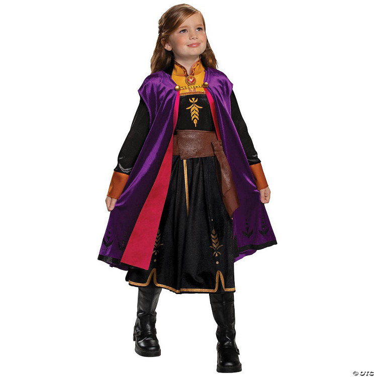 Disguise Anna Deluxe Child Costume - Frozen 2, young girl dressed as Princess Anna from Frozen 2 in a detailed purple, black, and brown costume with cape, boots, and costume accessories.