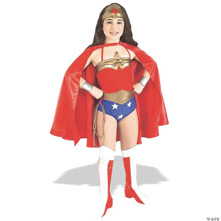 Rubies Wonder Woman Costume - Child, Girl dressed as Wonder Woman with a red, gold, and blue superhero costume including a cape, headband, and boots.