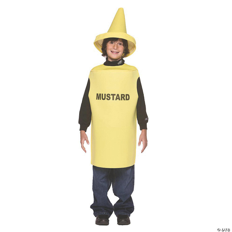 Rasta Imposta Mustard Costume-Child Medium, yellow mustard bottle themed costume for kids with 'MUSTARD' printed on front and a matching cone-shaped hat.
