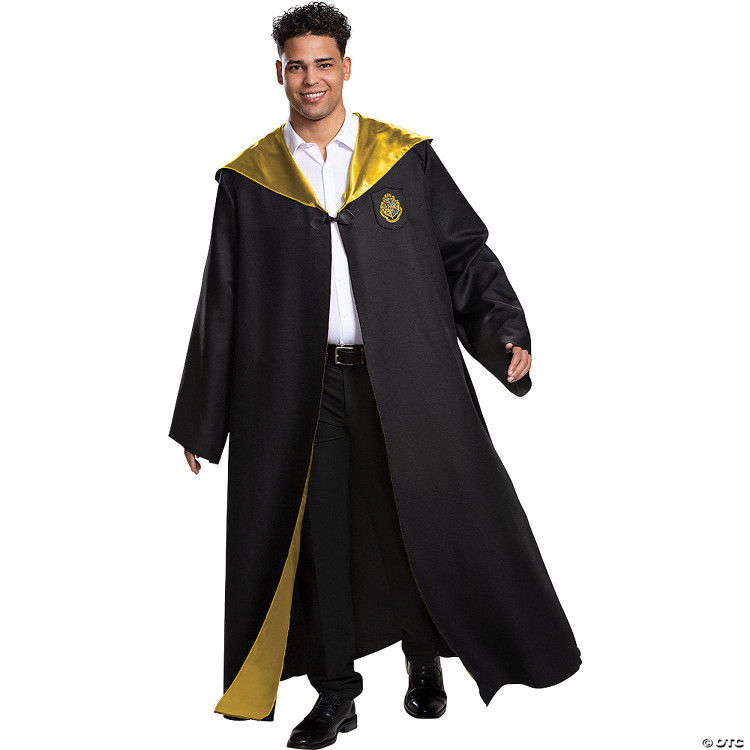 Disguise Harry Potter Hogwarts Deluxe Robe Adult, a person wearing a long black wizard robe with gold trim and a crest, costume for Harry Potter cosplay.