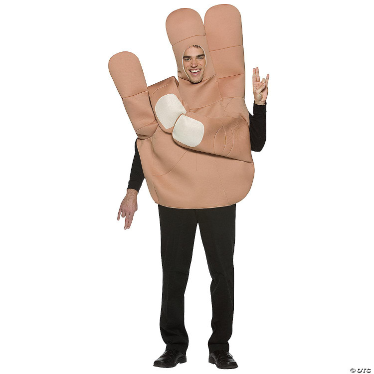 Rasta Imposta The Shocker Costume - Adult, man wearing a large, plush, realistic hand-shaped costume resembling a giant hand with two fingers raised in a 'peace' sign and cartoonish details.