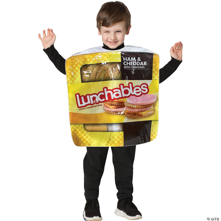 Rasta Imposta Kraft Lunchables Kids Costume, child dressed in a large Lunchables food package costume featuring ham, cheddar, crackers, and mini sandwiches design