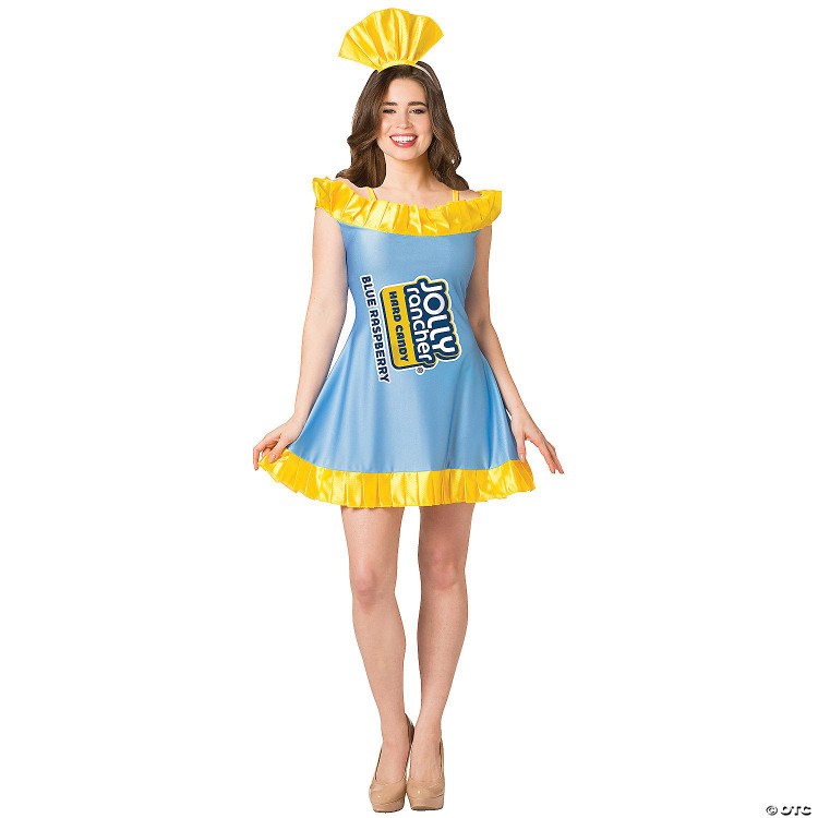 Rasta Imposta Women's Jolly Rancher Dress - Blue Raspberry, woman wearing a blue dress with yellow ruffled accents and the Jolly Rancher logo on the front.