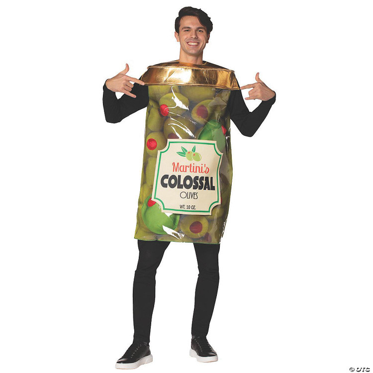 Rasta Imposta Olive Jar Costume - Adult, fun and novelty costume resembling a large jar of olives with detailed olive graphics and label.