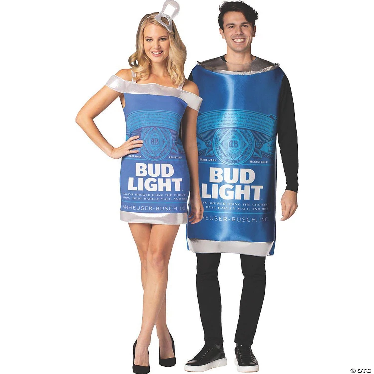Rasta Imposta Bud Light Can Tunic & Dress Couples Costume, a woman wearing a blue Bud Light beer can dress and a man wearing a matching Bud Light beer can tunic for a fun couple's costume
