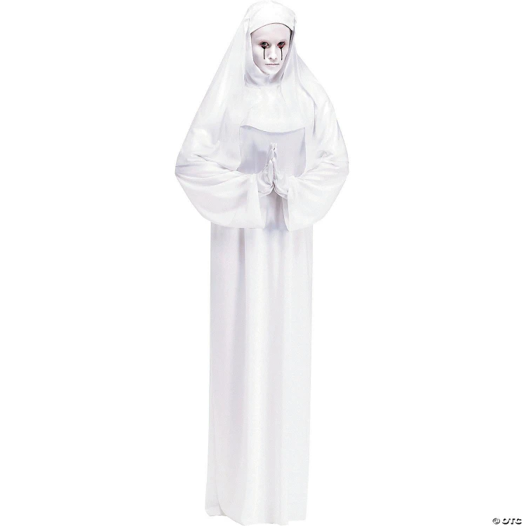 Fun World Scary Mary Costume - Adult Standard, a creepy white nun costume with sinister makeup and tear streaks, suitable for Halloween or themed events.