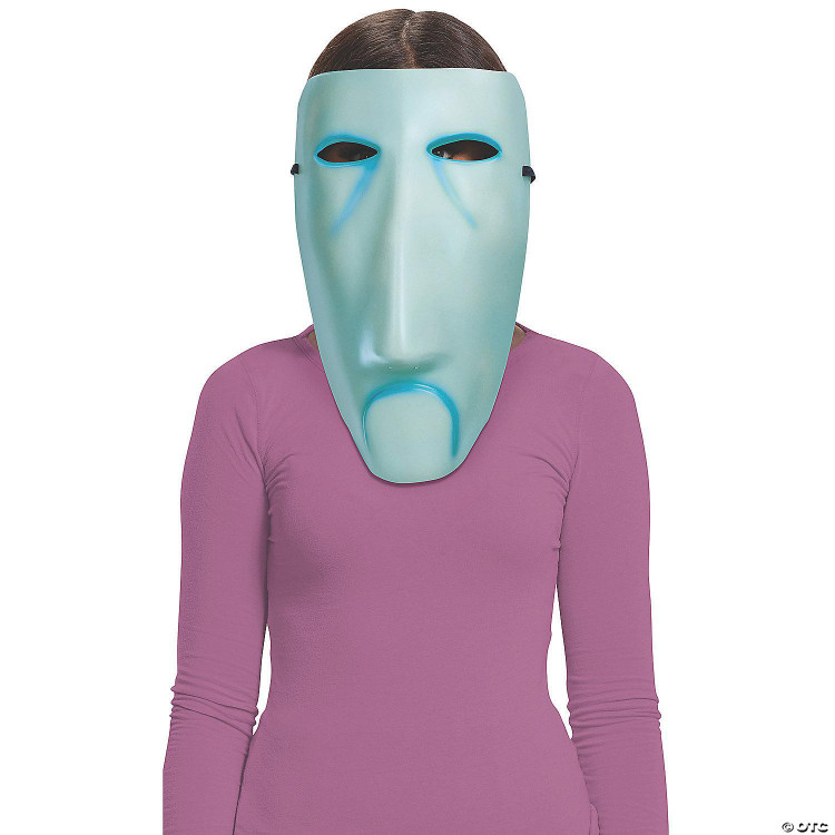 Disguise Nightmare Before Christmas Shock Adult Mask, a long face mask with a sad expression, blue tint, and hollow eye holes, worn by a person in a purple shirt.