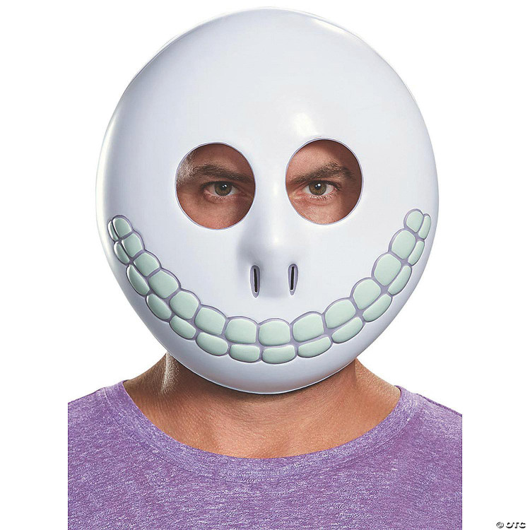 Disguise Nightmare Before Christmas Barrel Adult Mask, white skull mask with comic-style teeth and large eye holes worn by a person in a purple shirt.