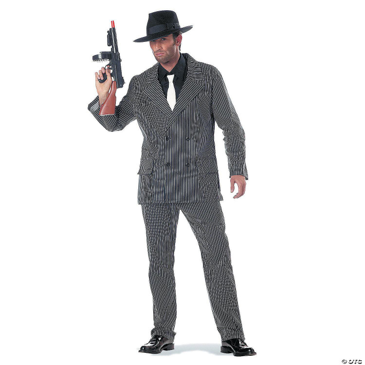 California Costumes Gangster Costume - Adult, man dressed as a gangster in a pinstripe suit, black fedora, holding a toy gun.