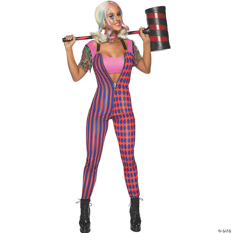 Leg Avenue Comic Vixen Harlequin Costume - Adult, a woman wearing a colorful, patterned , jumpsuit with a pink crop top underneath, black lace-up boots, and holding a striped hammer prop as part of her playful harlequin costume.