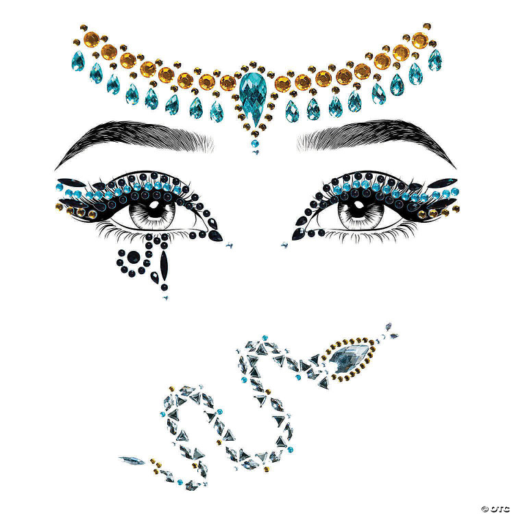 Leg Avenue Cleopatra Jeweled Face Sticker, intricate face design with blue and gold jewel embellishments, featuring eye makeup, arched eyebrows, and decorative forehead and chin jewels.