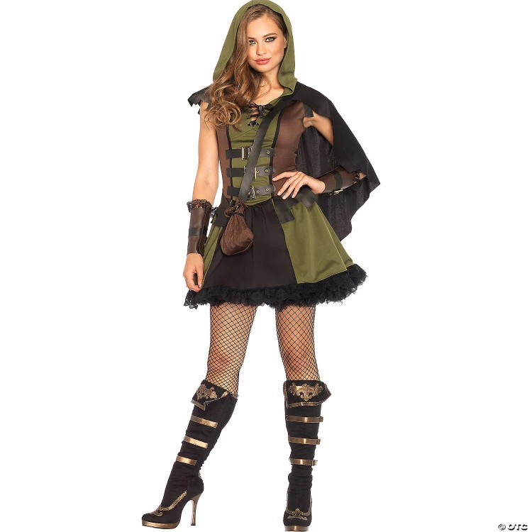 Leg Avenue Darling Robin Hood Costume - Adult, a woman wearing a detailed Robin Hood-themed costume with a hood, vest, skirt, fishnet stockings, and high heels.