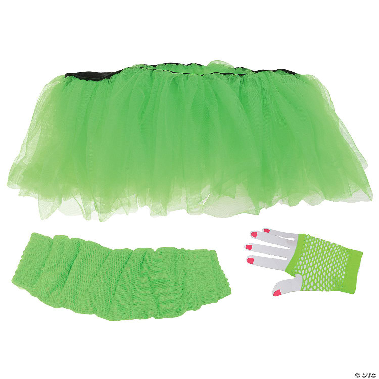 Underwraps Tutu Set - Neon Green, includes a bright neon green tutu skirt, matching arm warmers, and a glove with a fishnet pattern, suitable for dance or costume wear.