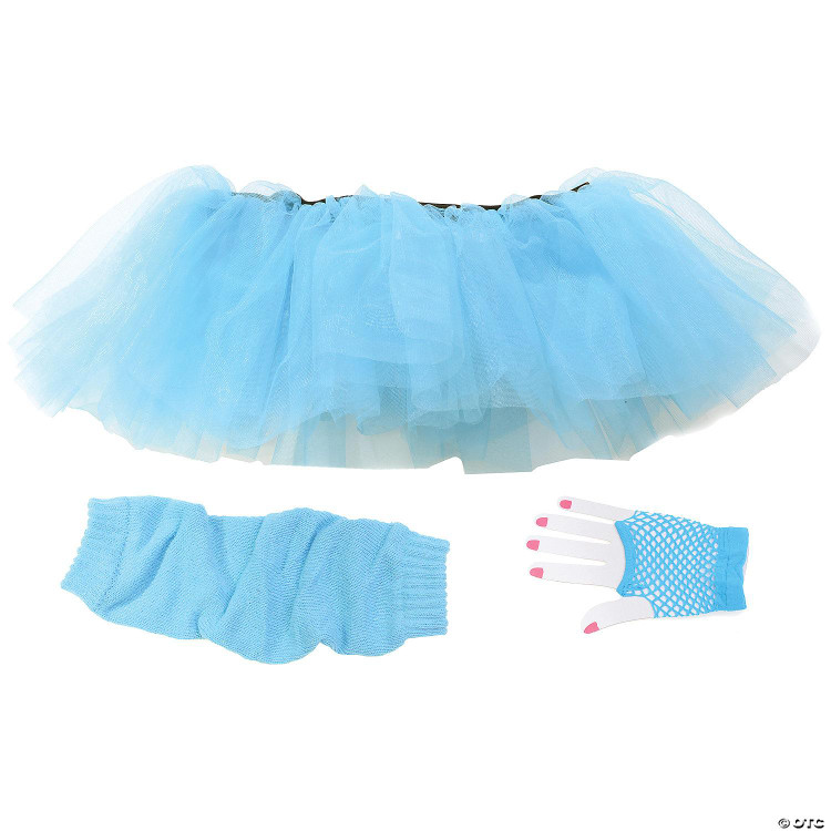 Underwraps Tutu Set - Neon Blue, tutu with layers of tulle fabric, matching blue arm warmers, and fingerless gloves with pink nail details.