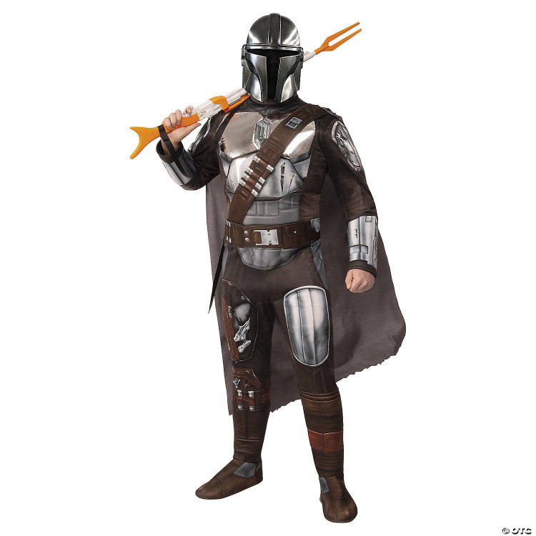 Rubies The Mandalorian Beskar Armor Costume - Adult, detailed costume of a Mandalorian with a silver beskar armor, helmet, cape, and weapon, ideal for cosplay or themed events.