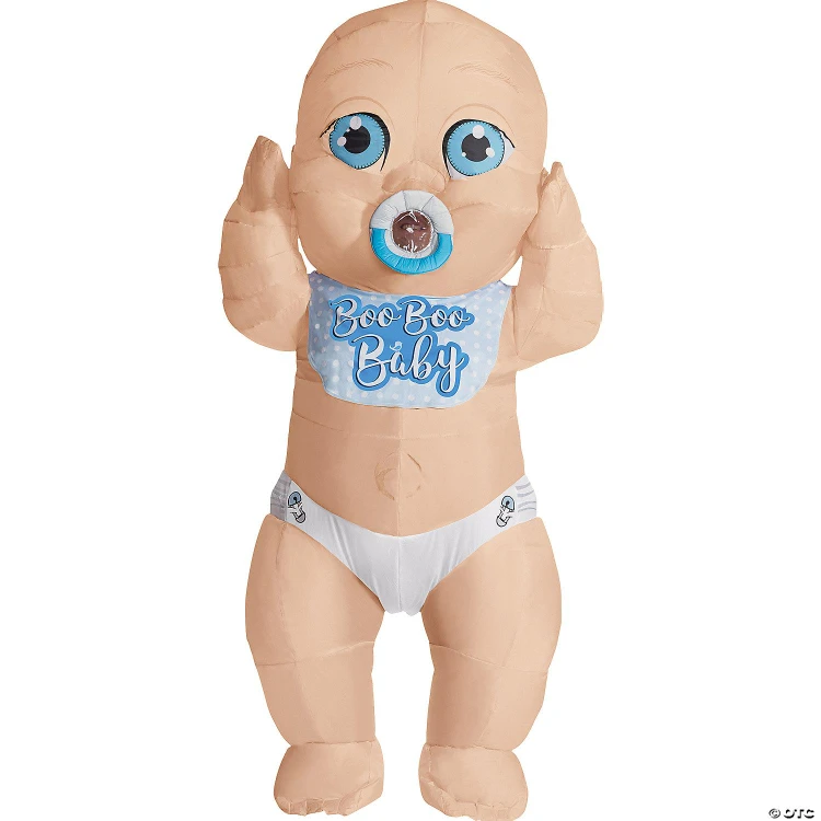 Rubies Boo Boo Baby Inflatable, a large inflatable baby costume with blue eyes, pacifier, diaper, and a baby bib that says 'Boo Boo Baby'.