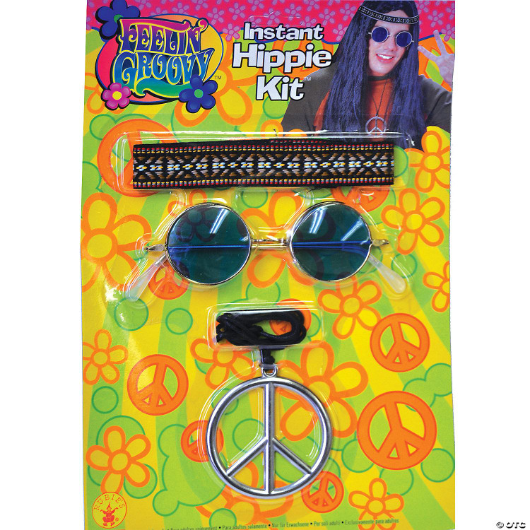 Rubies Feelin Groovy Accessory Pack, colorful hippie themed sunglasses with peace sign pendant, decorative bracelet, and black elastic cord accessory on vibrant flower and peace symbol patterned background.
