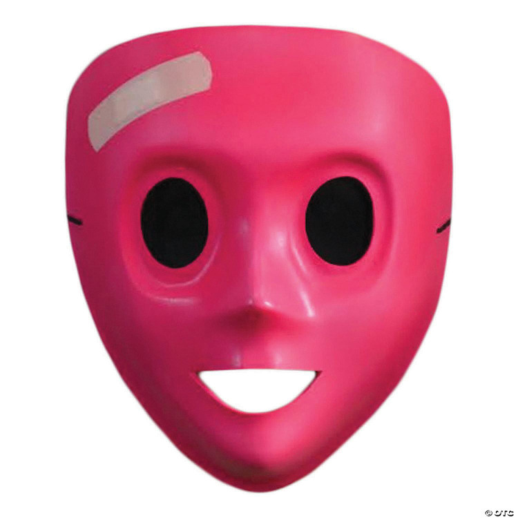 Trick or Treat Studios Bandage Mask - The Purge, pink Halloween mask with black eye holes and a smiling mouth, featuring a bandage on the forehead.