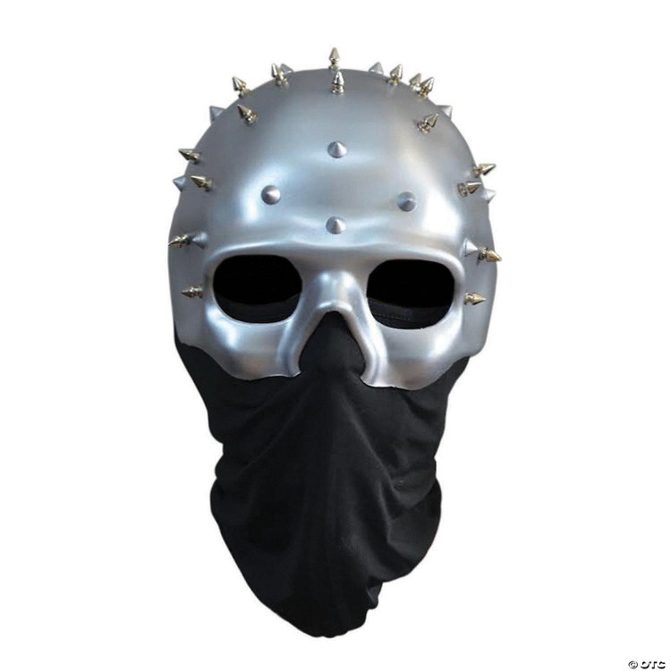 Trick or Treat Studios Spike Mask - The Purge, metallic silver skull mask with silver spikes around the top, black eye holes, and black fabric covering the lower face.