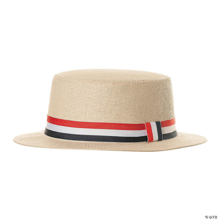 Underwraps Straw Hat With Flag Band - Adult, beige straw hat with red, white, and black striped band around the base.